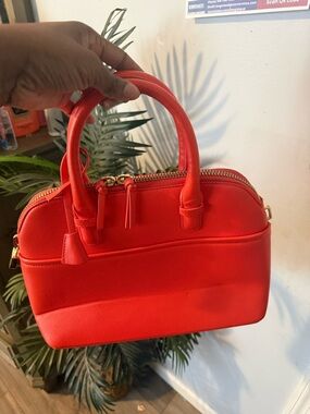 Structured Red Dome Satchel Handbag with Dual Top Handles